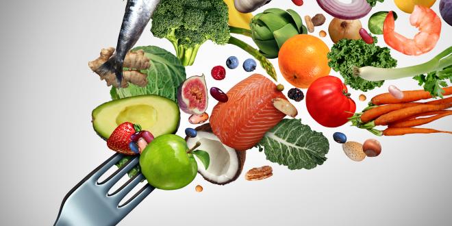 Illustration of a fork with many healthy foods bursting from it.