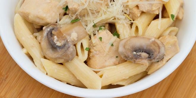 A plate of chicken marsala with mushrooms