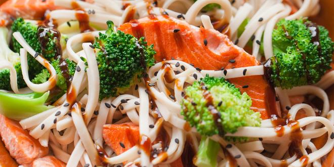 Hoisin-Glazed Salmon and Broccoli with Rice Noodles