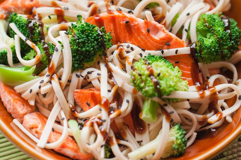 Hoisin-Glazed Salmon and Broccoli with Rice Noodles